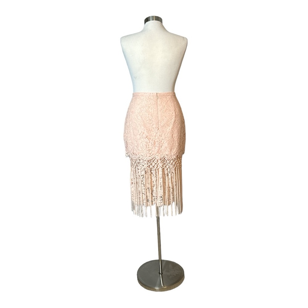 TOPSHOP LACE BLUSH PINK TIERED FRINGED MIDI PENCIL SKIRT - Picture 8 of 13
